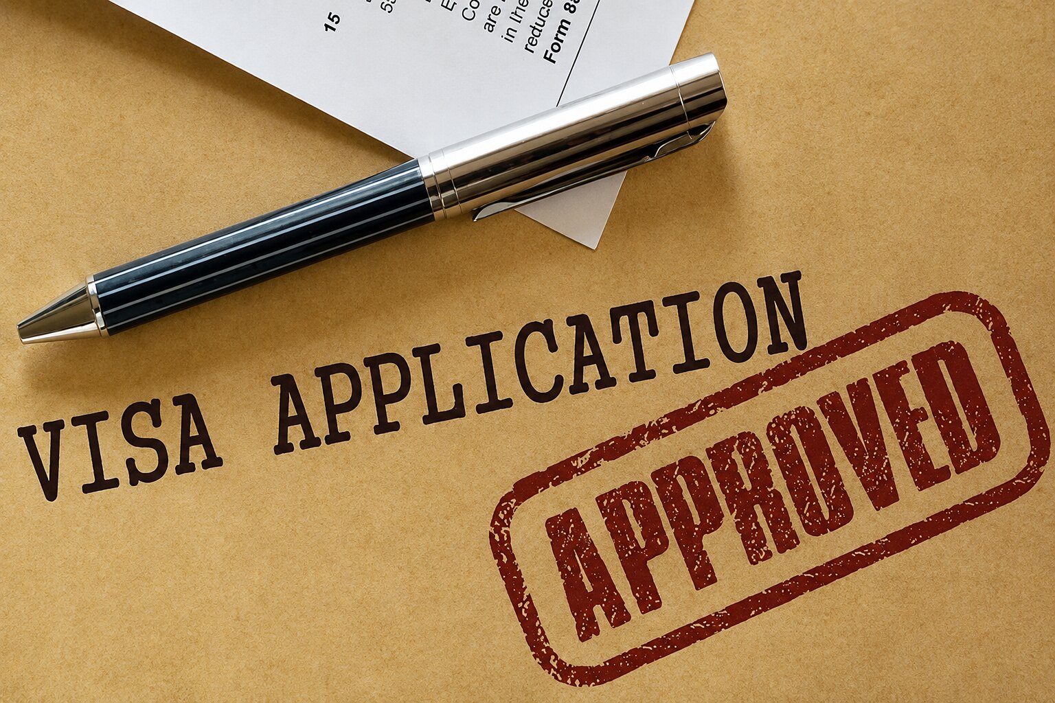 A pen resting on a visa application stamped approved