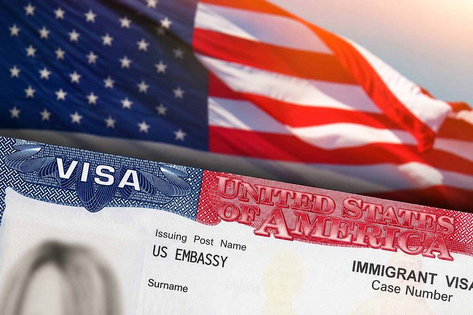 A United States immigrant visa displayed in front of an American flag