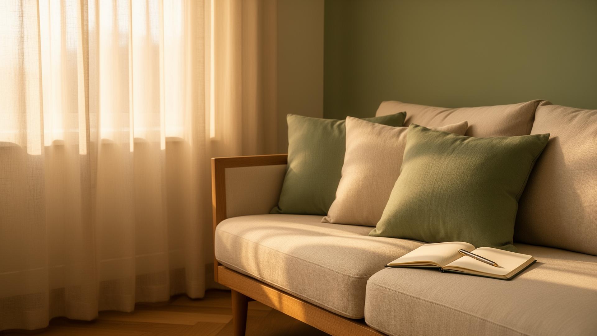 Woman relaxing on a couch with coffee in warm morning light