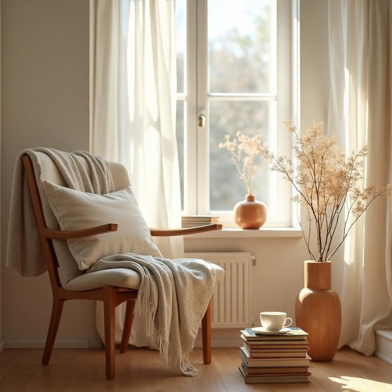 Cozy reading nook with natural light and warm neutral tones
