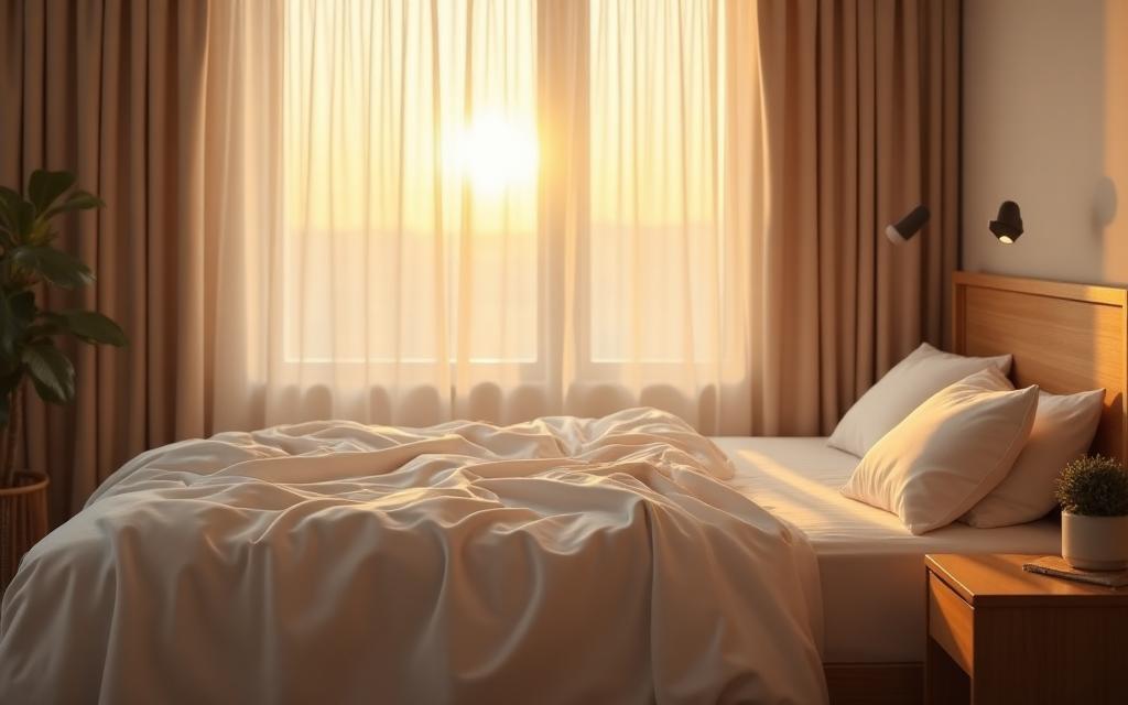 Peaceful bedroom at dawn with soft linen sheets and warm morning light