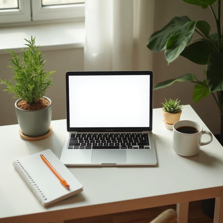 Clean minimal desk with laptop, notebook, plant, and coffee