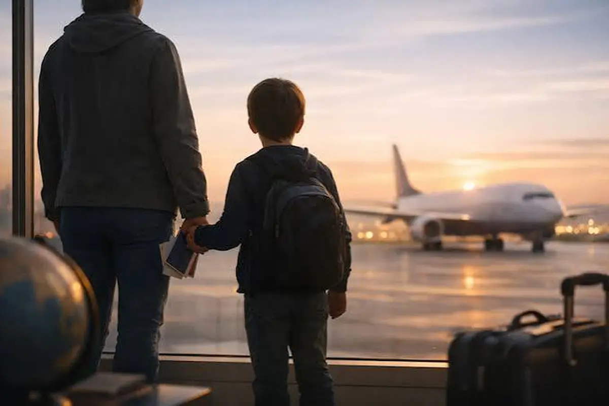 Adult and child holding hands at an airport window